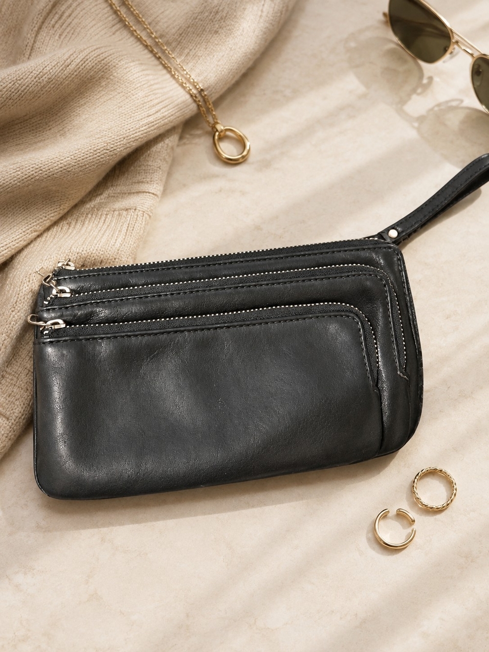 Classic Black Leather Multi-Zip Wristlet